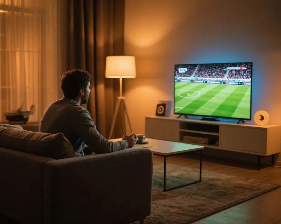 在电视与多设备上观看比赛的示意图