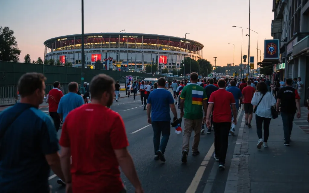 球迷在城市中移动与球场外观赛氛围示意图